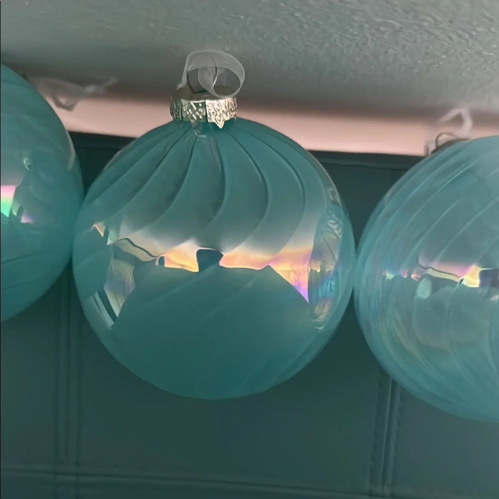 3 Large Iridescent Aqua Glass Holiday Ornaments